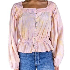 ZARA Tie-Dye Puff Sleeve Blouse M Pink Yellow Boho Peasant Top Bloggers Fave